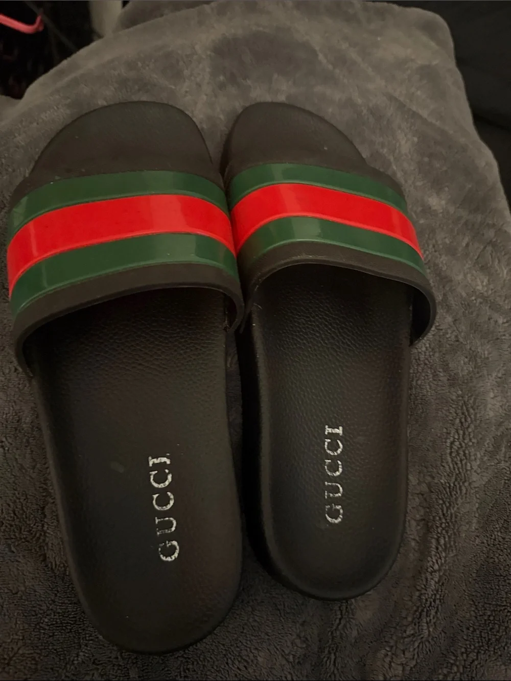 Gucci Black Slides with Red & Green Web Stripe